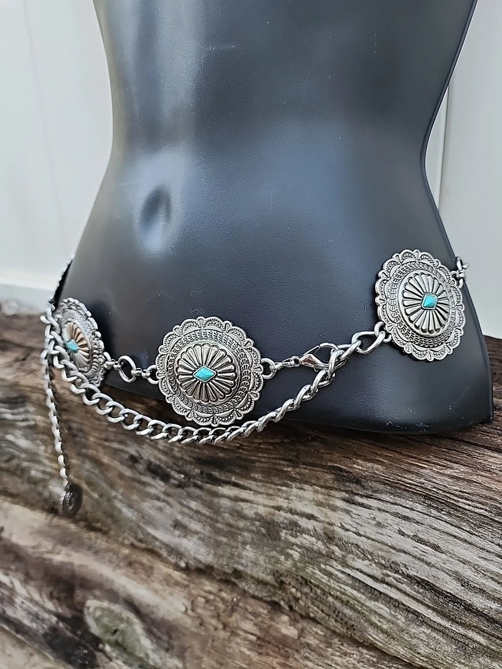 Silver Concho Chain Waist Belt with Turquoise Stone Accents